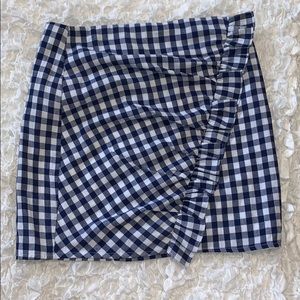 Blue and white gingham print skirt with ruffle